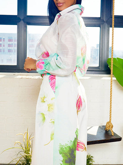 Long Sleeves Loose Floral Printed Gauze See-Through Split-Joint Lapel Blouses&Shirts Tops