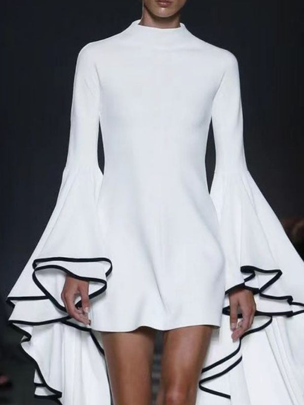Mini-robes à manches évasées et manches longues, couleur unie, col montant 