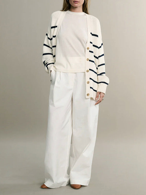 Long Sleeves Loose Split-Joint Striped V-Neck Cardigan Tops