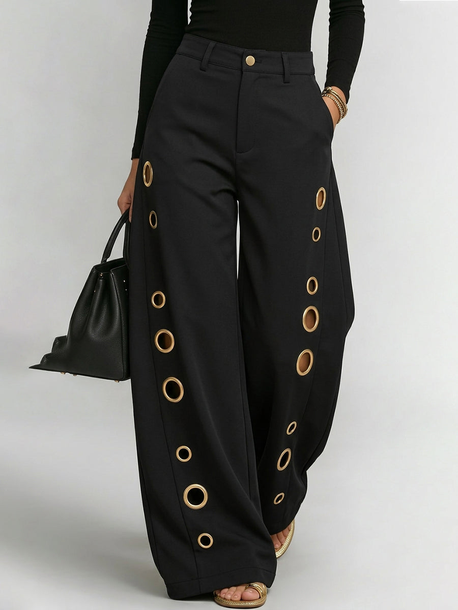 High Waisted Wide Leg Buttoned Hollow Pockets Solid Color Split-Joint Pants Trousers