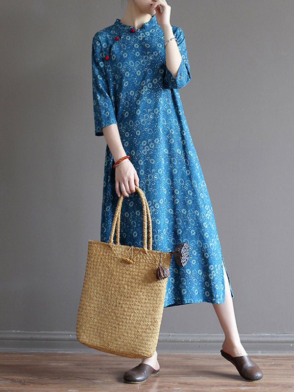 Original Solid Floral Stand Collar Midi Dress