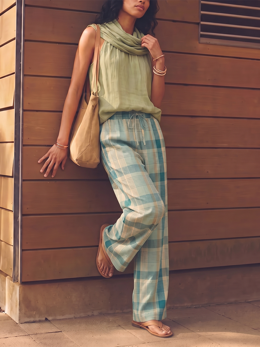 Pockets Plaid Contrast Color Wide Leg Loose Trousers Pants