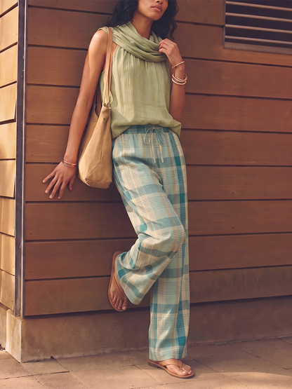 Pockets Plaid Contrast Color Wide Leg Loose Trousers Pants