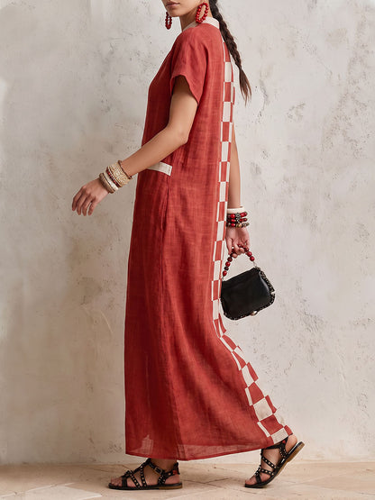 Split-front Split-Joint Pockets Plaid Contrast Color Buttoned Short Sleeves Loose V-neck Maxi Dresses