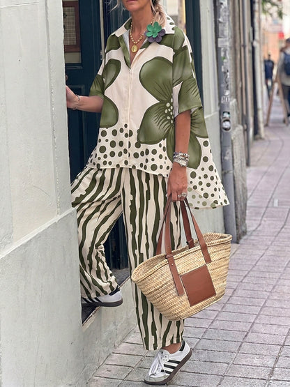 Half Sleeves Buttoned Flower Print Polka-Dot Lapel Blouses&Shirts Tops + High Waisted Pants Trousers Two Pieces Set