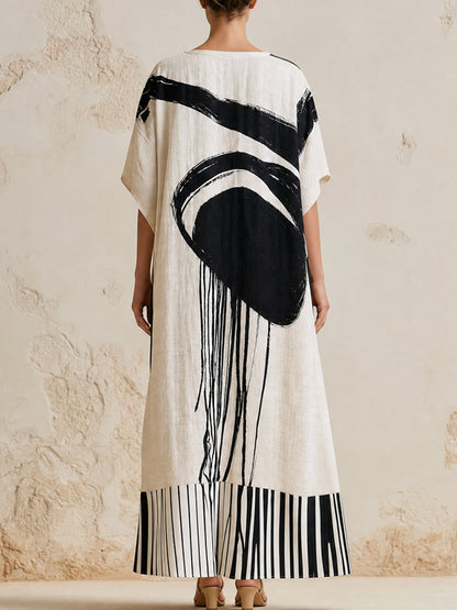 Striped Split-Joint Printed Contrast Color Short Sleeves Loose V-neck Maxi Dresses