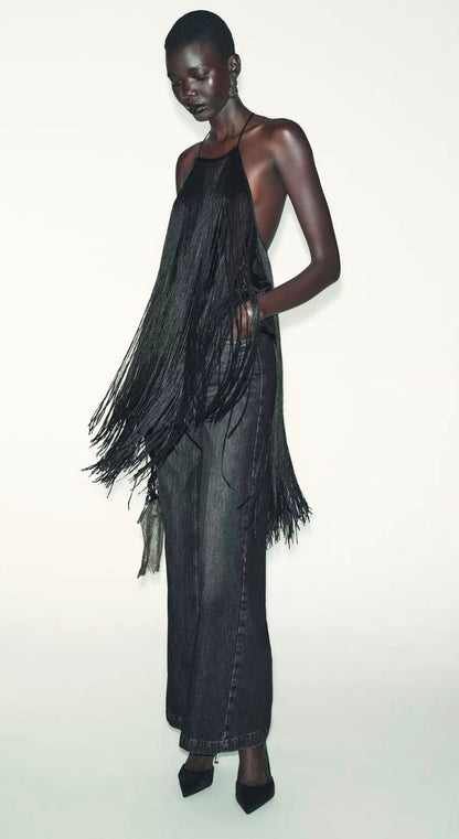 Women Long Tassel Top | Halter Neck | Sleeveless | Backless