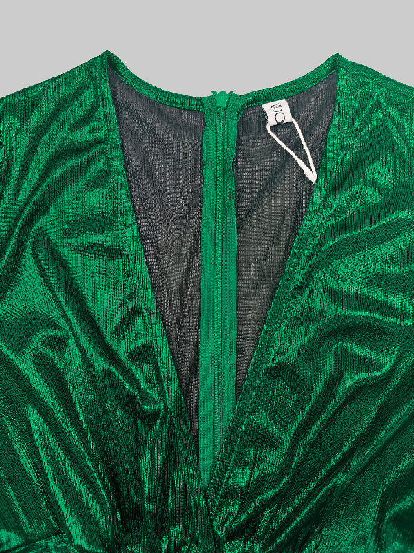 Hoch taillierte Dreiviertelärmel, glänzende, einfarbige Jumpsuits mit tiefem V-Ausschnitt 