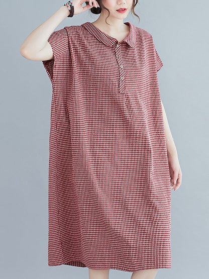 Robe mi-longue à carreaux ample et boutonnée, style rétro artistique 