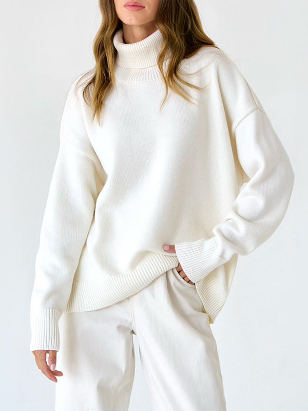 High-Low Long Sleeves Solid Color Split-Joint High Neck Sweater Tops