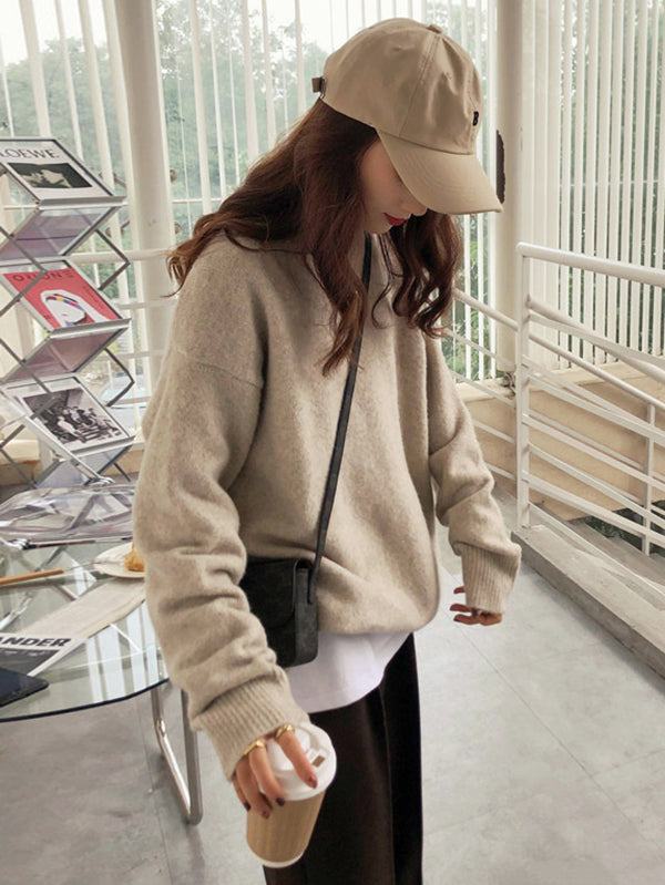 Simple Loose Long Sleeves Round-Neck Sweater Tops Pullovers