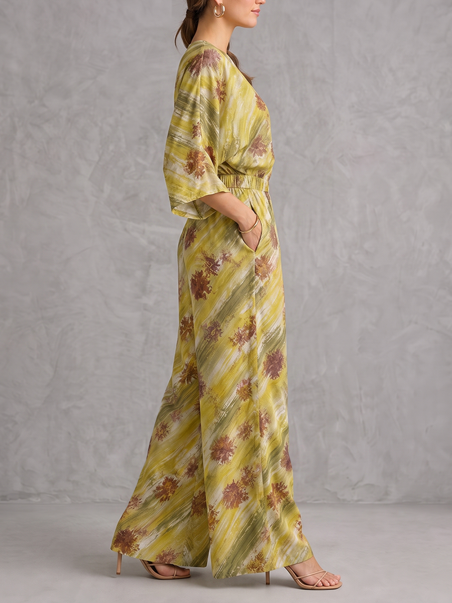 Printed Pockets Elasticity Buttoned Wide Leg High Waisted V-neck Jumpsuits