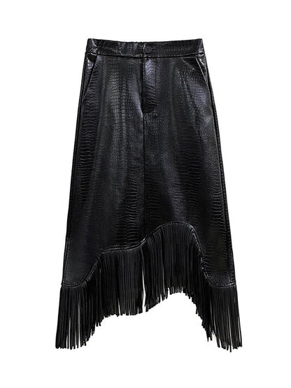 A-Line Irregularity Asymmetric Buttoned Crocodile Texture Solid Color Tasseled Skirts Bottoms