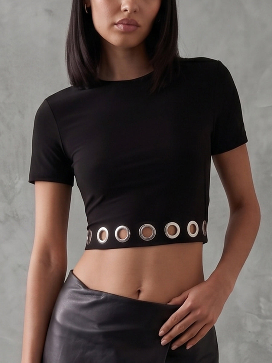 Cropped Short Sleeves Hollow Solid Color Round-Neck T-Shirts Tops