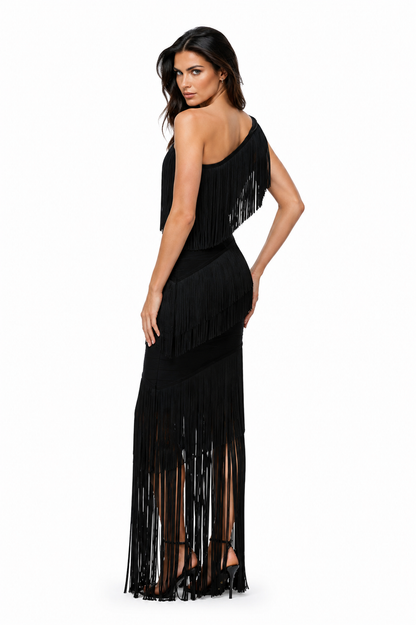 TATIANA Rhythm One-Shoulder Fringe Bandage Gown – Black Asymmetrical Maxi Dress