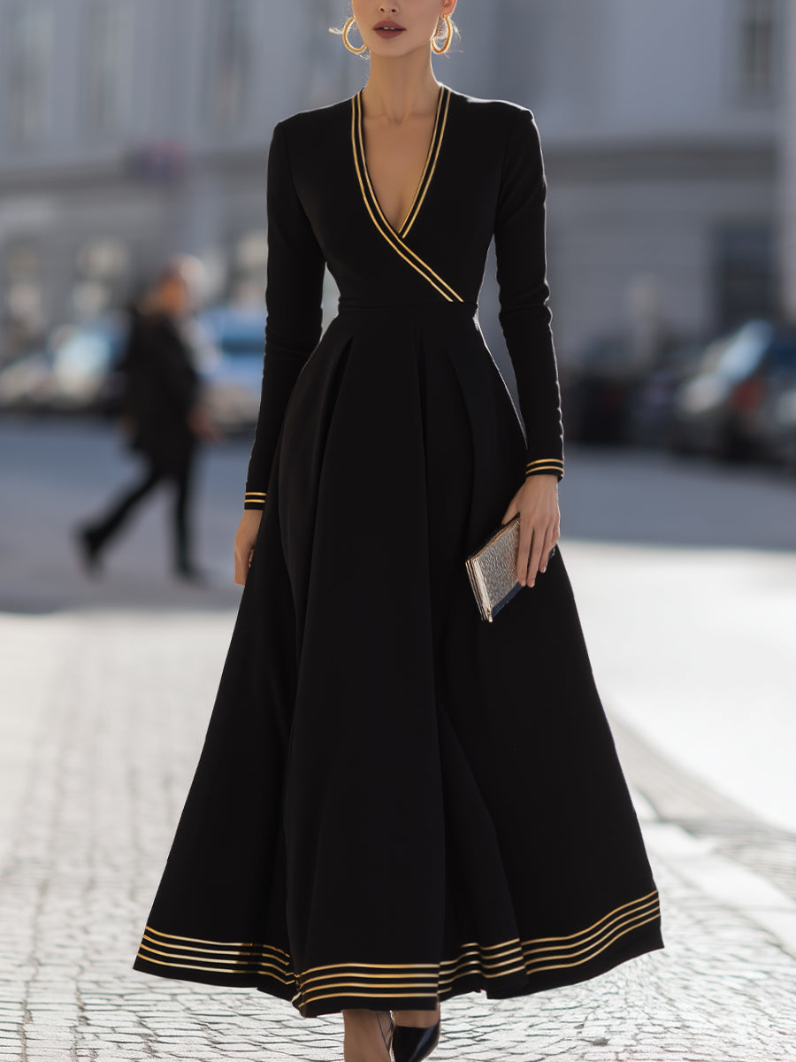 High Waisted Long Sleeves Contrast Color Pleated Split-Joint Deep V-Neck Maxi Dresses