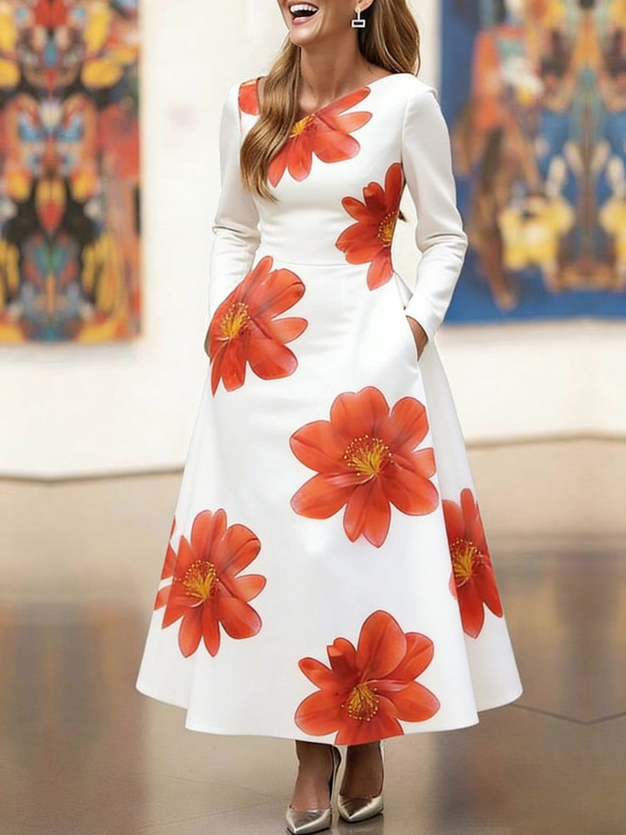 A-Line Long Sleeves Flower Print Pockets Split-Joint Asymmetric Collar Maxi Dresses