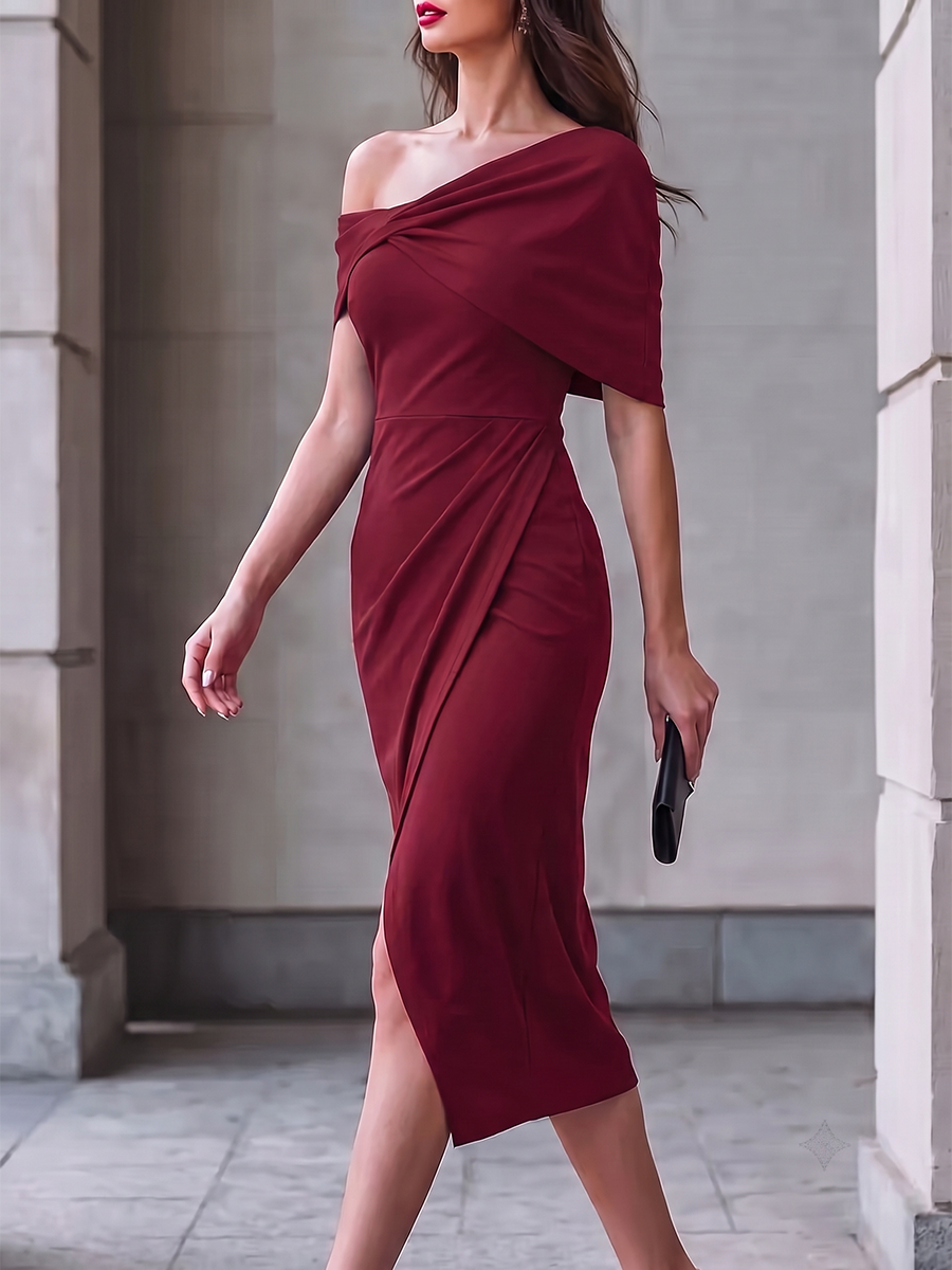 Split-front Solid Color Backless Short Sleeves Plus Size One-shoulder Midi Dresses