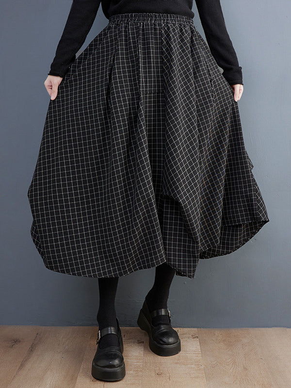 Loose Irregular Clipping Plaid Asymmetric Elasticity Skirts Bottoms