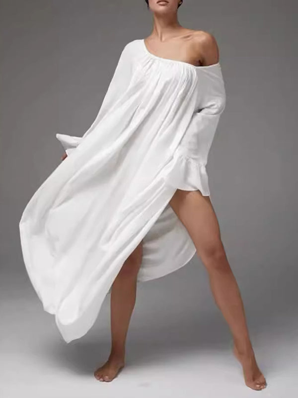 A-Line Flared Sleeves Pleated Solid Color Split-Joint Round-Neck Maxi Dresses