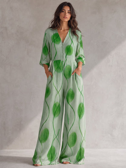 Wave Print Pockets Elasticity Contrast Color Buttoned Wide Leg Three-quarter Sleeves V-neck Jumpsuits