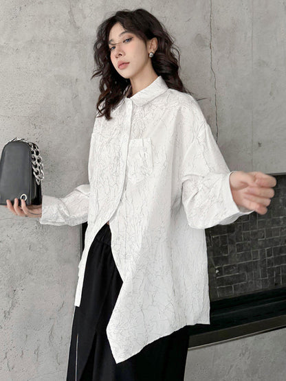 Irregularity Long Sleeves Abstract Printed Asymmetric Buttoned Wrinkled Lapel Blouses&Shirts Tops
