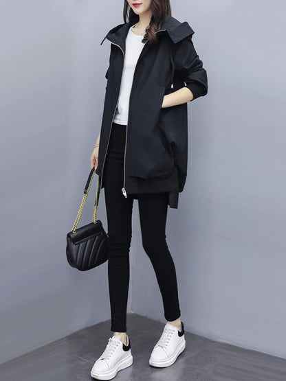 Casual Loose 4 Colors Pleated Zipper Hooded Long Sleeves Outwear
