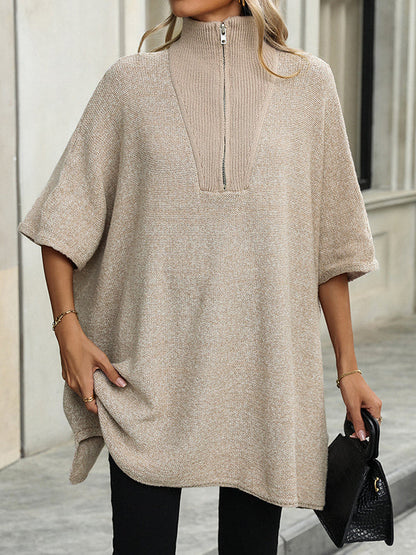 Loose Three-Quarter Sleeves Split-Joint Zipper V-Neck Sweater Tops