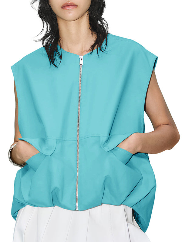 Gilet ample sans manches à poches fendues et fermeture éclair à col rond 