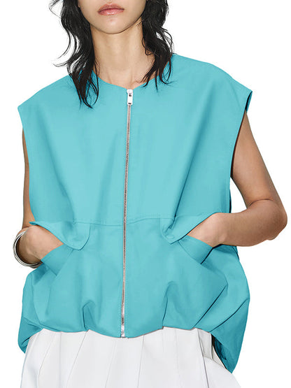 Gilet ample sans manches à poches fendues et fermeture éclair à col rond 