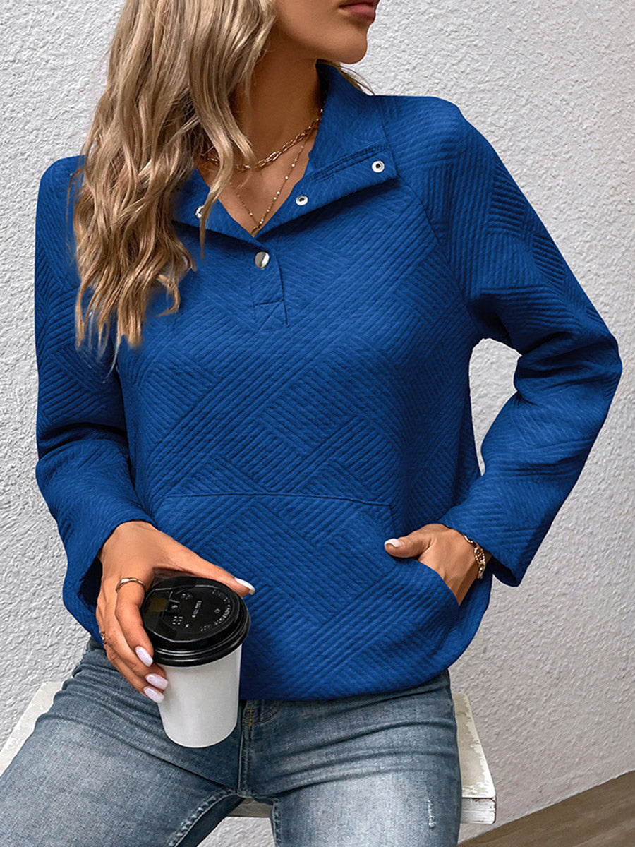 Textured Split-Joint Solid Color Pockets Buttoned Loose Long Sleeves Polo Sweatshirt Tops