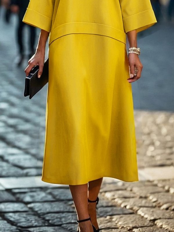 A-Line Long Sleeves Solid Color Split-Joint Round-Neck Midi Dresses