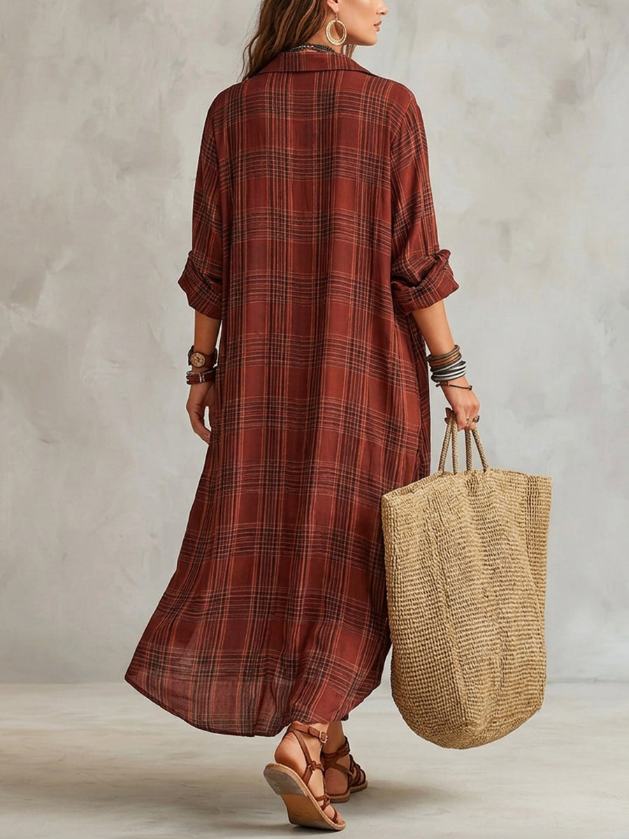 Long Sleeves Loose Buttoned Contrast Color Plaid Lapel Maxi Dresses