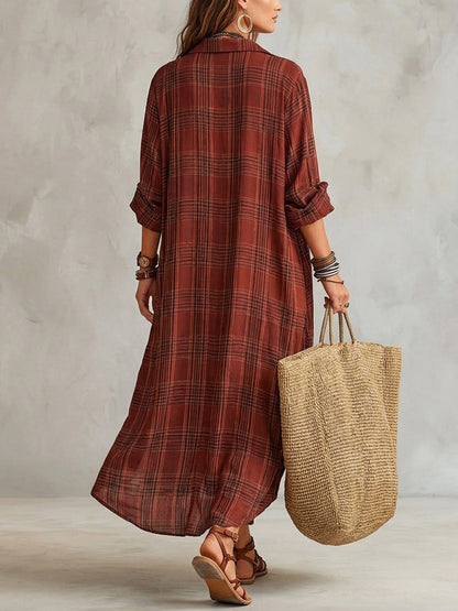 Long Sleeves Loose Buttoned Contrast Color Plaid Lapel Maxi Dresses