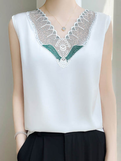 Loose Sleeveless Embroidered Mesh Split-Joint V-Neck Vest Top