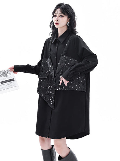 False Two Hipster Asymmetric Split-Joint Textured Lapel Collar Mini Dresses