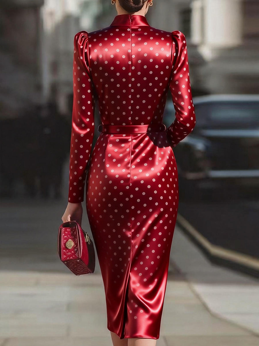 Bodycon High Waisted Belted Contrast Color Polka Dot Split-back Split-Joint Zipper Mock Neck Midi Dresses