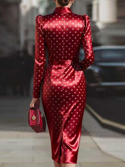 Bodycon High Waisted Belted Contrast Color Polka Dot Split-back Split-Joint Zipper Mock Neck Midi Dresses