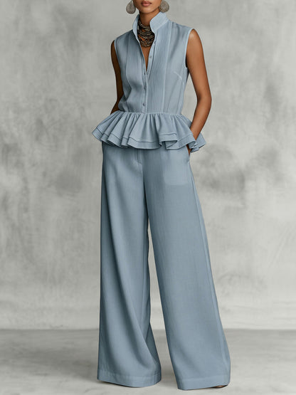Sleeveless Stand Collar Buttoned Ruffled Peplum Blouses&Shirts Tops + Wide Leg Pockets Casual Pants Bottoms Two Pieces Set