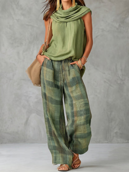 High Waisted Loose Contrast Color Plaid Pockets Pants Trousers