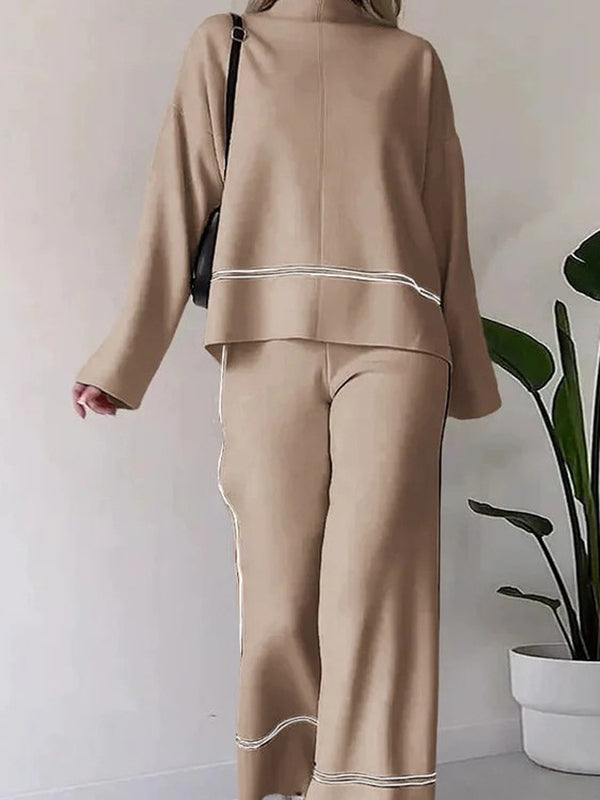 High-Low Contrast Color Split-Side Round-Neck Sweater Top + High Waisted Pants Bottom Two Pieces Set