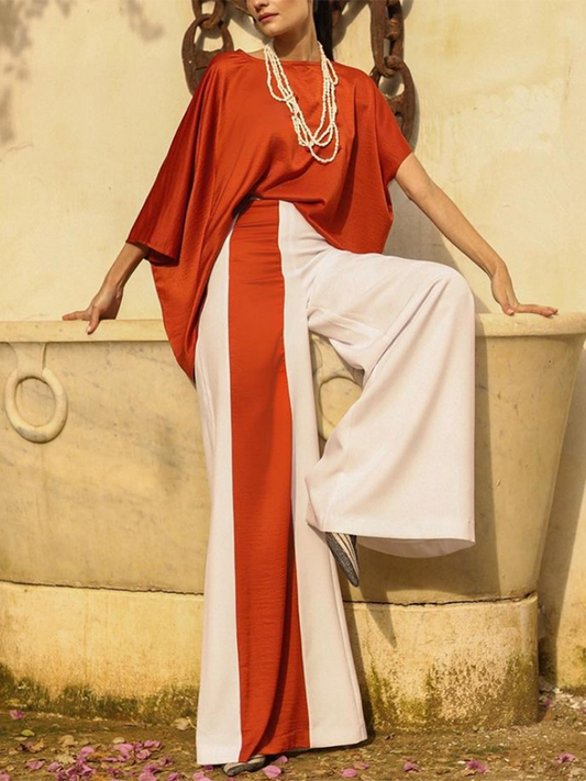 Batwing Sleeves Half Sleeves Solid Color Top + Contrast Color Wide Leg Pants Two Pieces Set