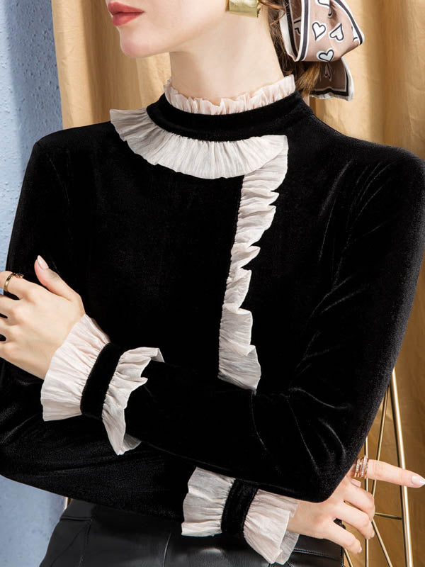 Long Sleeves Ruffle Sleeves Asymmetric Contrast Color Split-Joint Half Turtleneck T-Shirts Tops