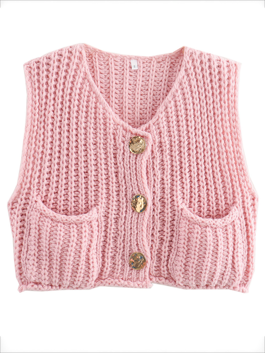 Sleeveless Buttoned Pockets Solid Color Cardigan Tops Knit Top