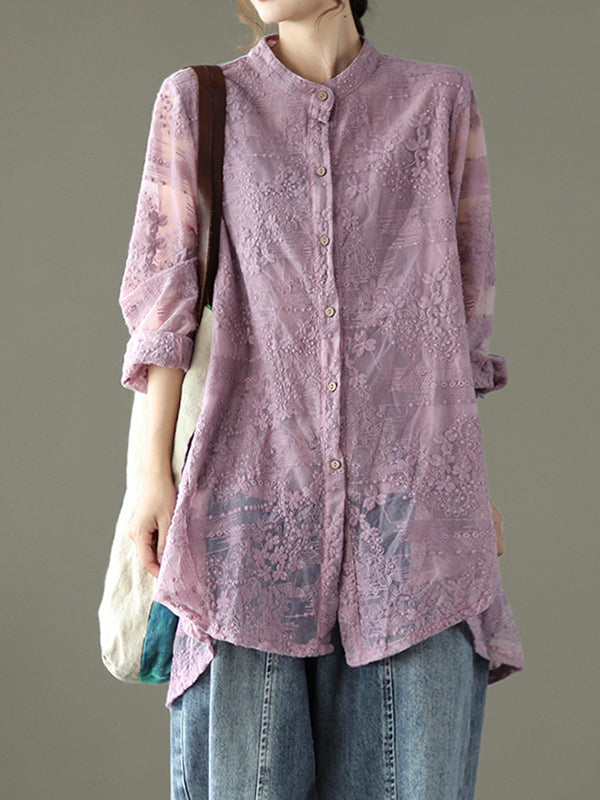 Vintage Loose Embroidered Lace Hollow Blouse