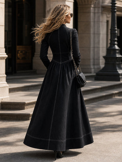Zipper Split-Joint Pockets Pleated Contrast Color Long Sleeves High Waisted Mock Neck Maxi Dresses