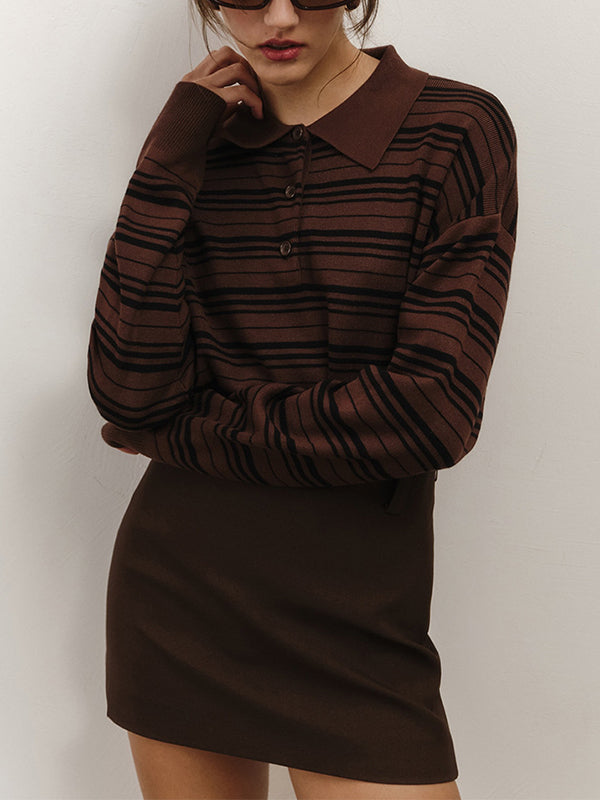 Long Sleeves Split-Joint Striped Lapel Sweater Tops