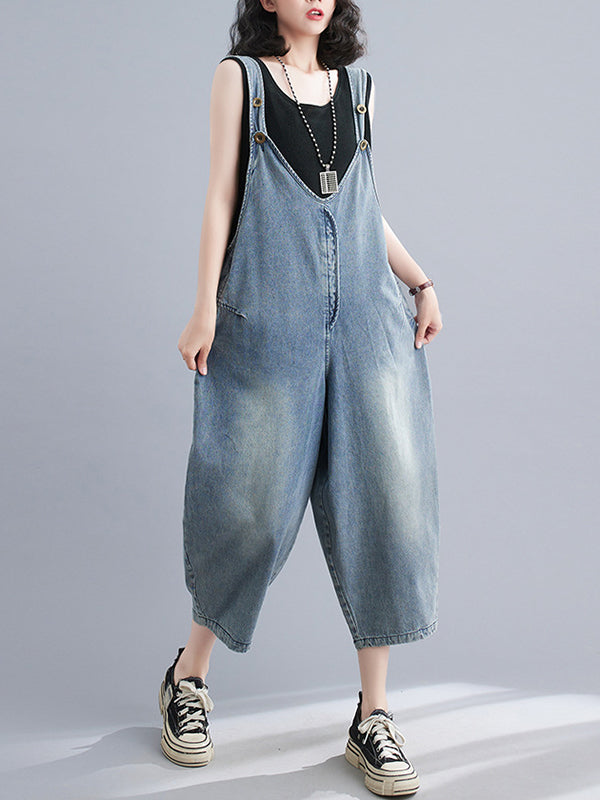 Cropped Loose Denim Buttoned Overalls
