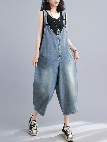 Cropped Loose Denim Buttoned Overalls