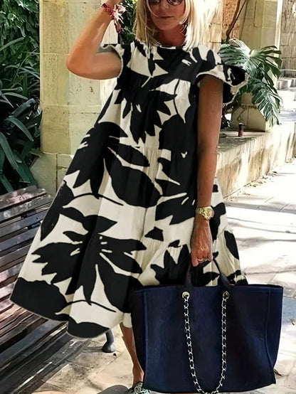 Lockere Rüschenärmel, Blumendruck, plissiertes Midikleid mit Rundhalsausschnitt 